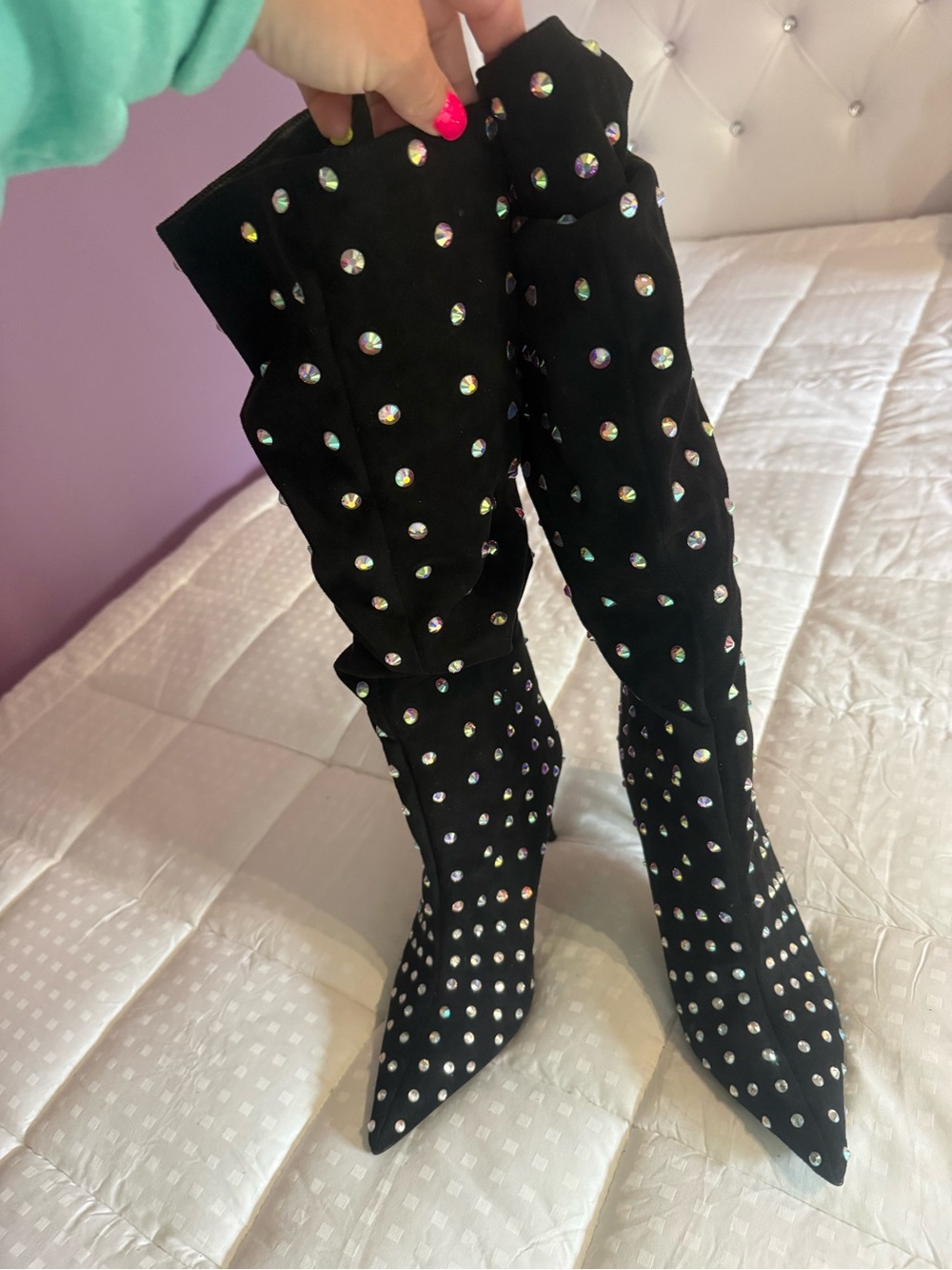 Express Black Knee-High Rhinestone Studded Pointed Toe Boots